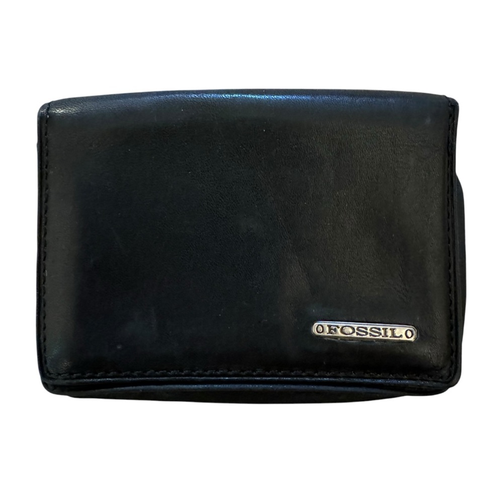 Fossil Black Leather Bifold ID Holder Card Wallet 3”x4” Unisex Travel Minimalist